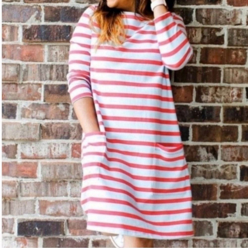 HATCH The Nines Striped Boat Neck Pocket Dress Red Light Blue Cotton size Medium - Picture 2 of 10